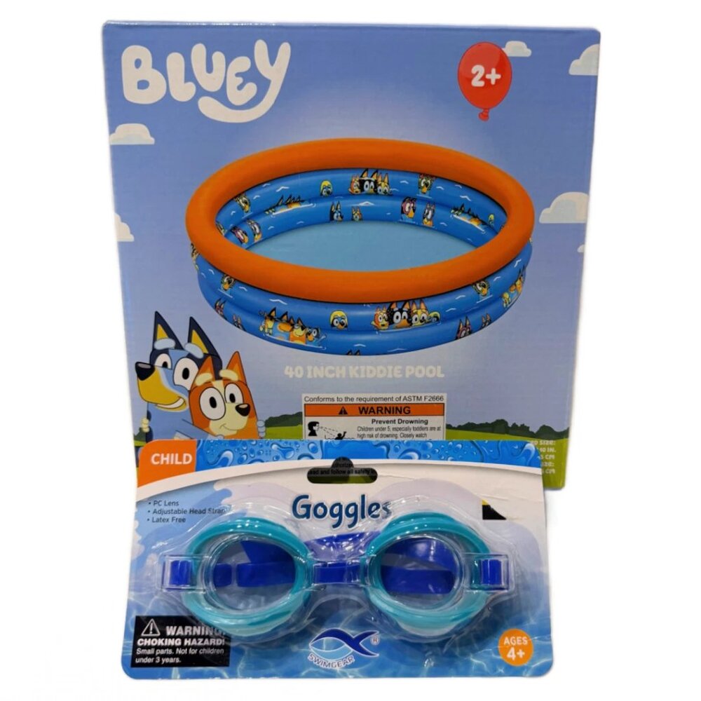 Bluey Kiddie Pool 40 Inch Inflatable 3 Ring & Goggles Water Play Outdoor Summer